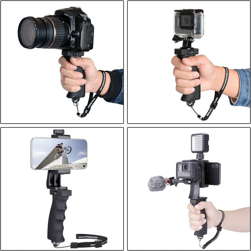 Fantaseal 2in1 Ergonomic Portable Action Camera+Smartphone SYN Hand Grip Stabilizer Combo Mount Video Vlogging Rig Holder Kit for GoPro iPhone Interview Travel YouTube Tiktok Streaming-Mic+Light Adapter - Image 5
